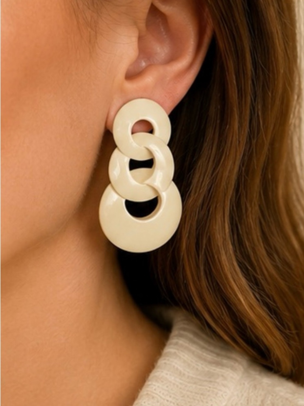 Vintage Cream Lucite Linked Drop Clip Earrings